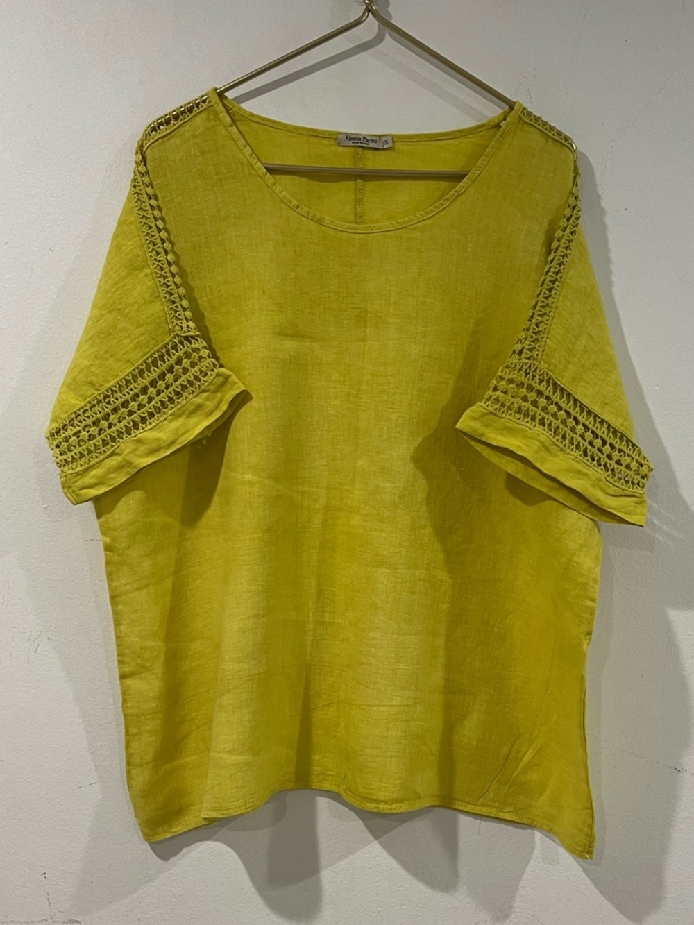 Alessia Pacini Italy Green Linen Top Short Sleeve Crochet Lace BOHO
Size 1X